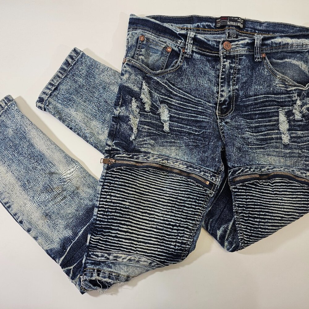 Men's 34/32 Bleecker‎ & Mercer Distressed Slim Fit Denim Blue Jeans Pants EUC!